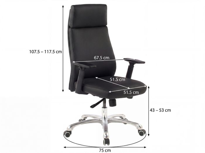 Bürostuhl Chefsessel PORTO Leder Schwarz Schreibtischstuhl Drehstuhl ergonomisch – Maßzeichnung