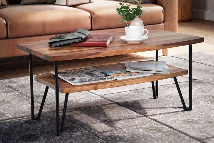 FineBuy Couchtisch 90x50x40 cm Sheesham Massivholz / Metall Sofatisch Rechteckig, Design Wohnzimmertisch Kaffeetisch mit Stauraum, Holztisch Wohnzimmer Industrial Vierrund 4251757714504
