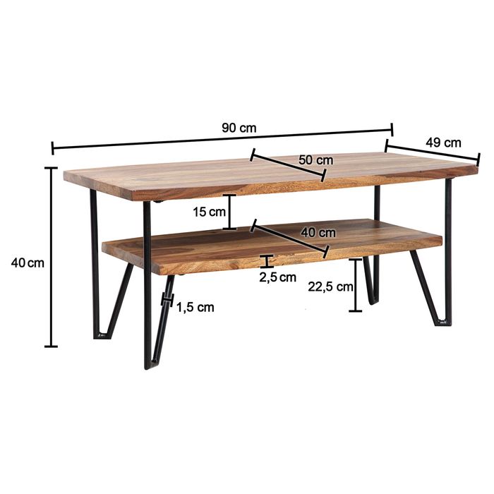 Couchtisch FineBuy Sofatisch 90x50x40 cm Sheesham Massivholz Tisch mit Stauraum – Maßzeichnung