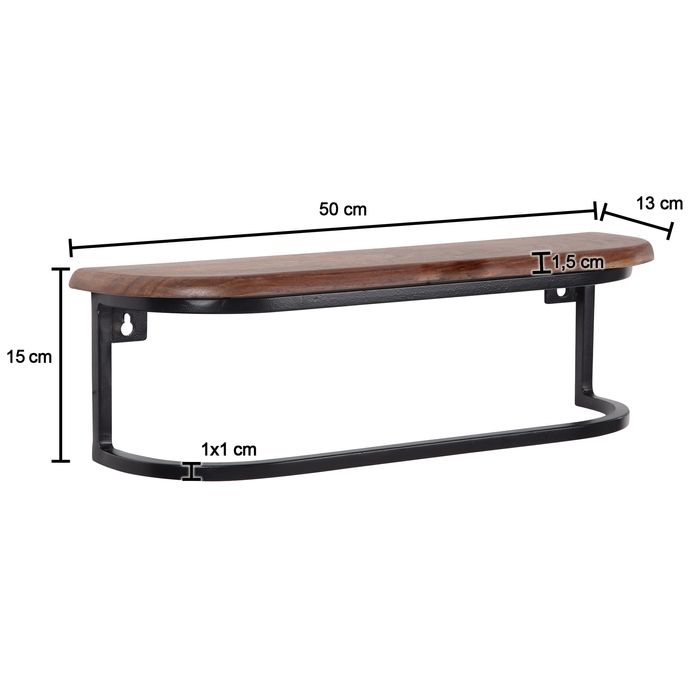 Wandregal FineBuy Hängeregal 50x15x13 cm Massivholz Metall Regal Industrial – Maßzeichnung