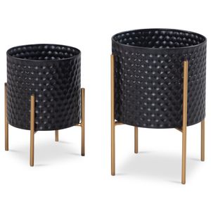 FB92214 FineBuy Blumentopf 2er Set Metall Pflanzkübel Schwarz / Gold mit Füßen, Design Pflanzenkübel Rund Indoor, Blumenkübel Pflanzgefäß mit Waben-Muster in 3D 4251757714542