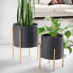 FineBuy Blumentopf 2er Set Metall Pflanzkübel Schwarz / Gold mit Füßen, Design Pflanzenkübel Rund Indoor, Blumenkübel Pflanzgefäß mit Waben-Muster in 3D 4251757714542