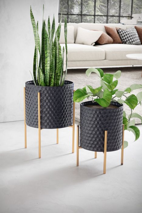 FineBuy Blumentopf 2er Set Metall Pflanzkübel Schwarz / Gold mit Füßen, Design Pflanzenkübel Rund Indoor, Blumenkübel Pflanzgefäß mit Waben-Muster in 3D 4251757714542