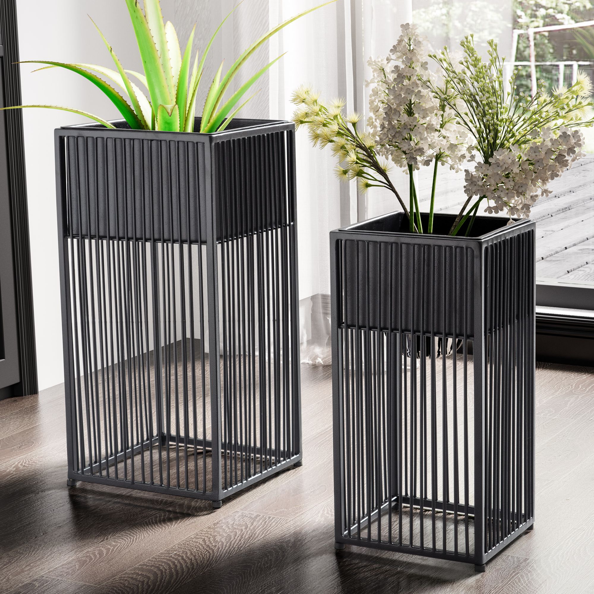 FineBuy Blumentopf 2er Set Metall Pflanzkübel Schwarz mit Gestell, Design Pflanzenkübel Quadratisch, Blumenkübel Pflanzgefäß Indoor | Farbe: Schwarz
