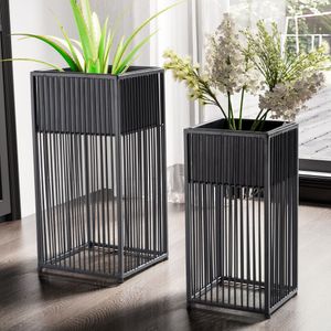 FineBuy Blumentopf 2er Set Metall Pflanzkübel Schwarz mit Gestell, Design Pflanzenkübel Quadratisch, Blumenkübel Pflanzgefäß Indoor 4251757714559