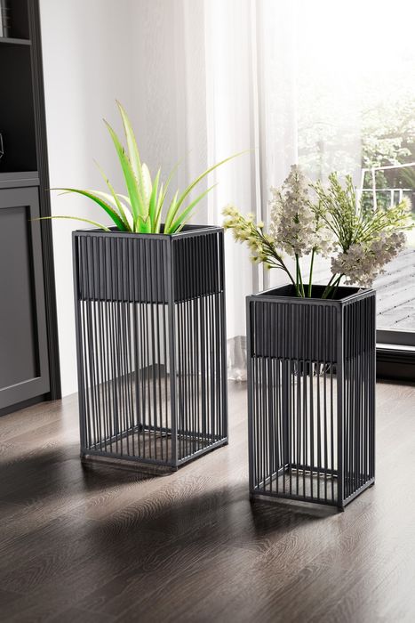 FineBuy Blumentopf 2er Set Metall Pflanzkübel Schwarz mit Gestell, Design Pflanzenkübel Quadratisch, Blumenkübel Pflanzgefäß Indoor 4251757714559