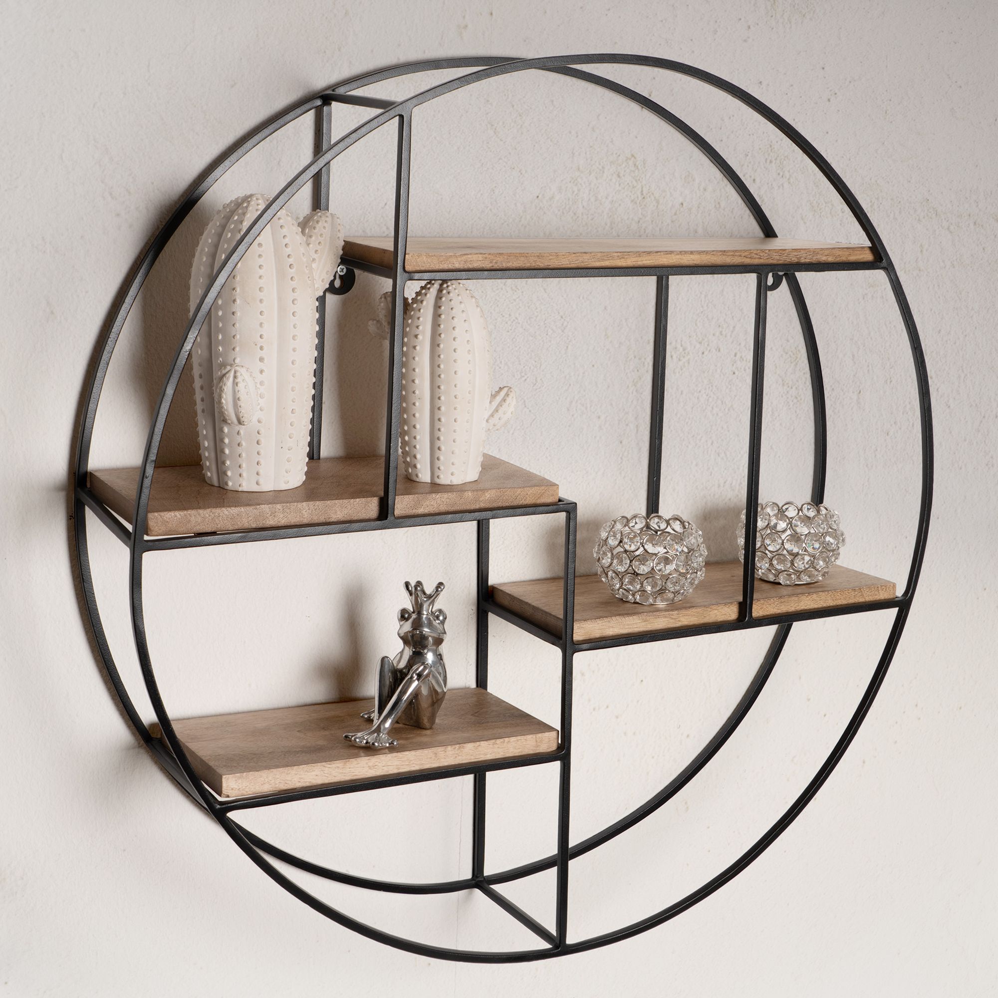 FineBuy Wandregal 70x70x18 cm Mango Massivholz / Metall Hängeregal Rund, Kleines Design Schweberegal Industrial, Regal Hängend Wohnzimmer, Bücherregal Wand | Farbe: Schwarz