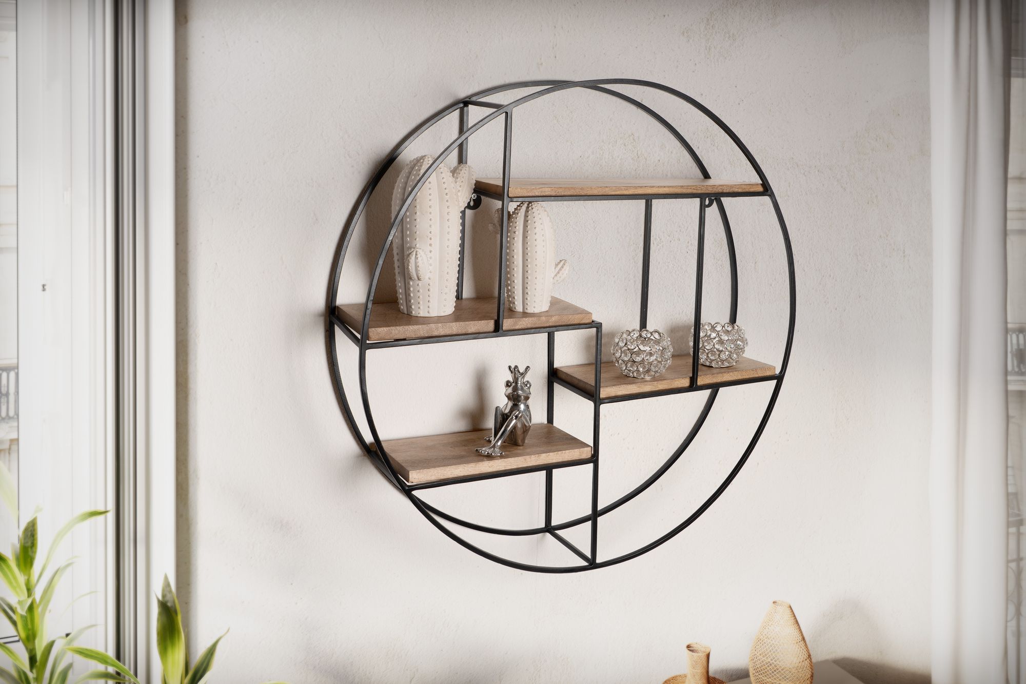 FineBuy Wandregal 70x70x18 cm Mango Massivholz / Metall Hängeregal Rund, Kleines Design Schweberegal Industrial, Regal Hängend Wohnzimmer, Bücherregal Wand | Farbe: Schwarz