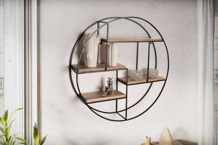 FineBuy Wandregal 70x70x18 cm Mango Massivholz / Metall Hängeregal Rund, Kleines Design Schweberegal Industrial, Regal Hängend Wohnzimmer, Bücherregal Wand 4251757714603