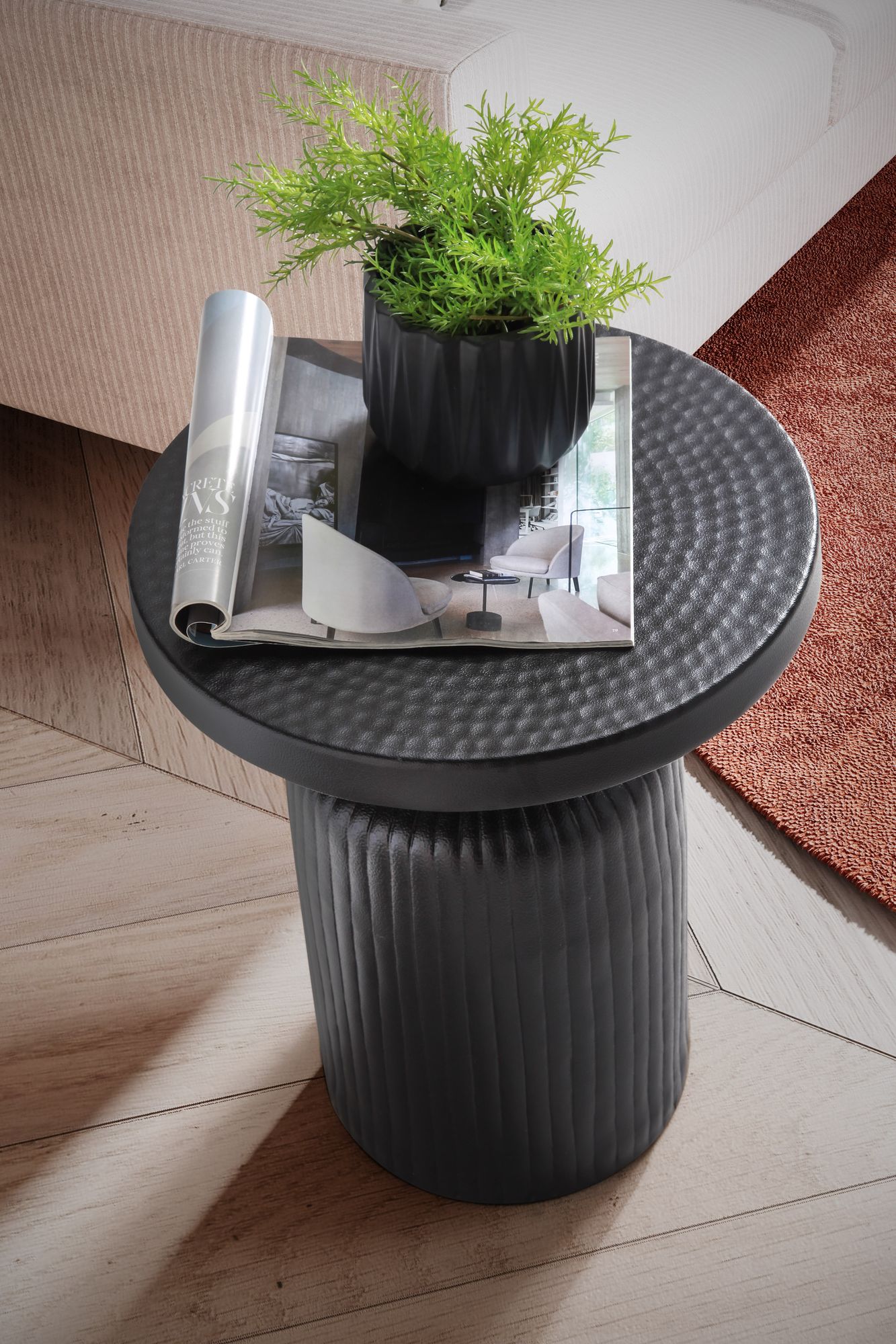 FineBuy Orientalischer Beistelltisch 40 cm rund Metall Schwarz mit Lamellen-Optik - Design Aluminium Wohnzimmertisch - Dekotisch - Kleiner Couchtisch | Farbe: Schwarz