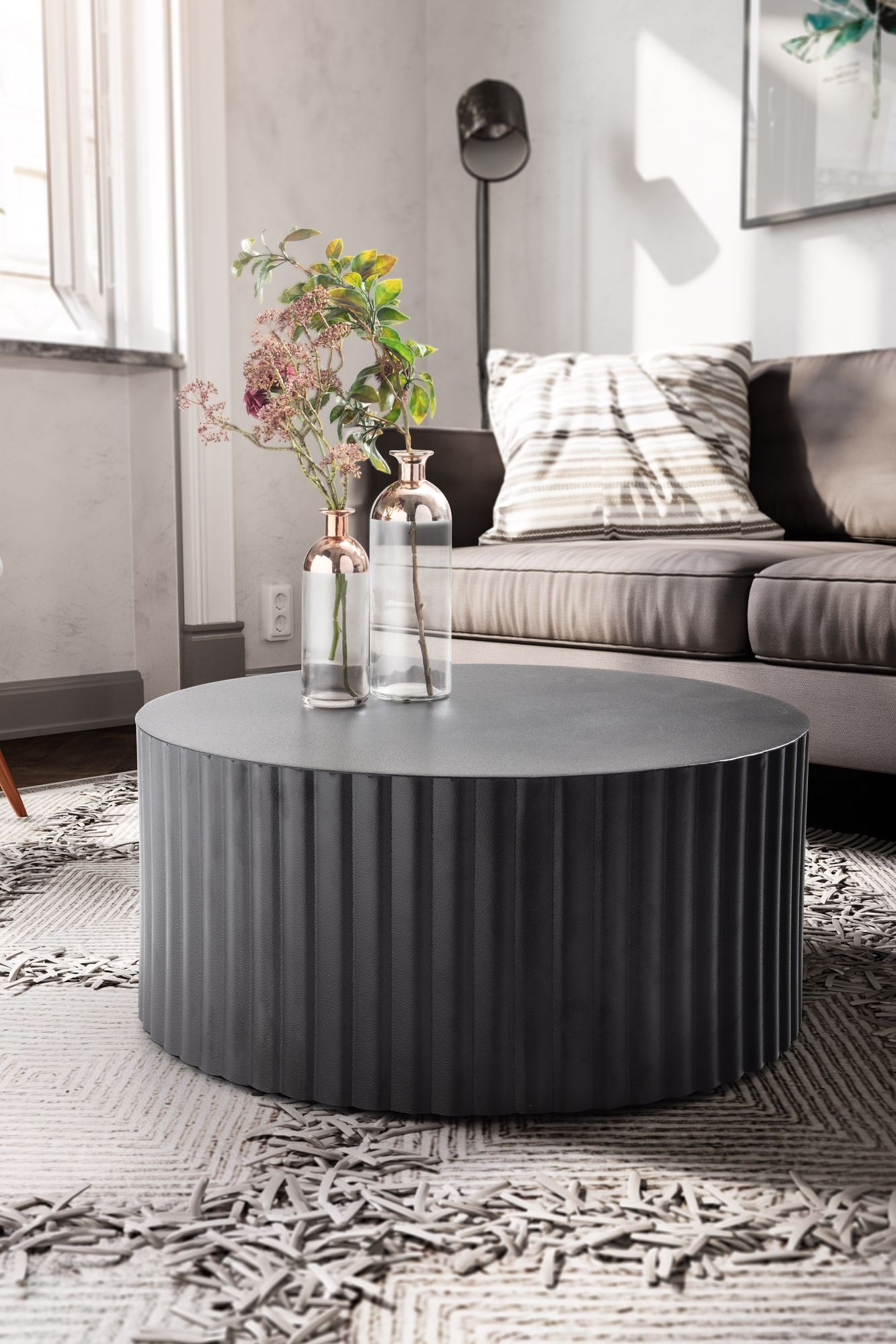 FineBuy Design Couchtisch rund 70 cm Metall Schwarz - Handgefertigter Aluminium Wohnzimmertisch mit Lamellenstruktur - Moderner Sofatisch Wohnzimmer | Farbe: Schwarz