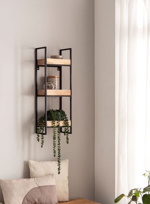 FineBuy Wandregal 27x77x18 cm Mango Massivholz / Metall Hängeregal Industrial, Design Schweberegal Rechteckig, Regal Hängend Wohnzimmer, Tablettregal Wand mit 3 Ablagen & Metallrahmen 4251757718168