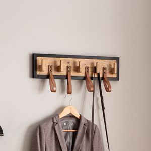 FB95650 FineBuy Wandgarderobe Mango Massivholz / Echtleder 60x15x6 cm, Hakenleiste für Jacken, Schals und Mützen, Flurgarderobe mit Metallrahmen, Garderobe Wand Holz mit Schlaufen 4251757718052