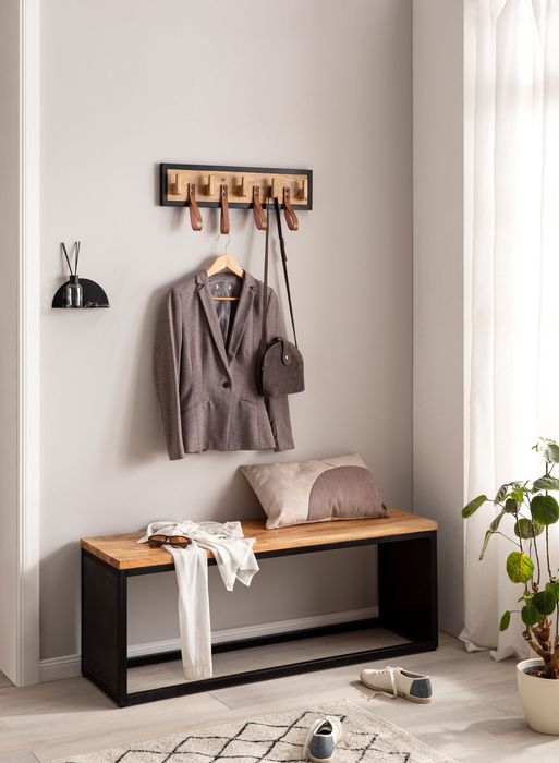 FineBuy Wandgarderobe Mango Massivholz / Echtleder 60x15x6 cm, Hakenleiste für Jacken, Schals und Mützen, Flurgarderobe mit Metallrahmen, Garderobe Wand Holz mit Schlaufen 4251757718052