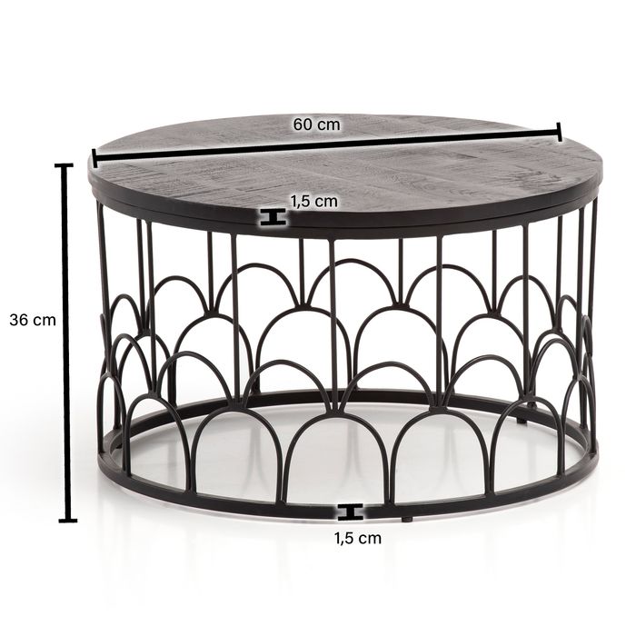 Couchtisch Massivholz rund Ø60cm Schwarz Wohnzimmertisch Art-Deco Industrial – Maßzeichnung