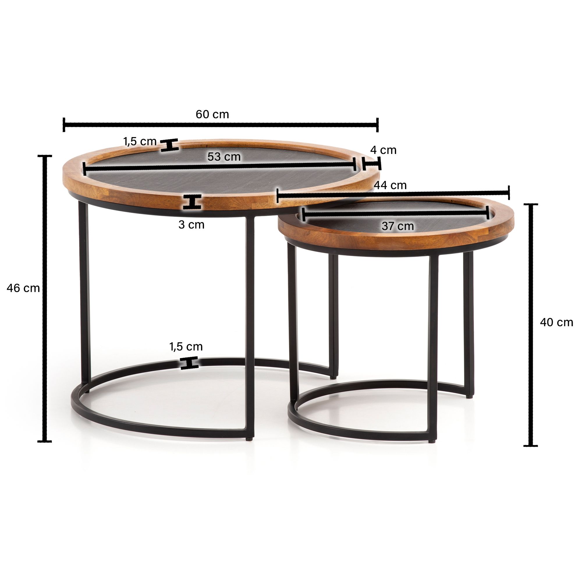 FineBuy Couchtisch 2er Set Mango Massivholz / Steinoptik Wohnzimmertisch Rund, Satztisch mit Metallgestell, Kaffeetisch Modern, Sofatisch Verschachtelungstisch 2-teilig Braun / Anthrazit | Farbe: Anthrazit