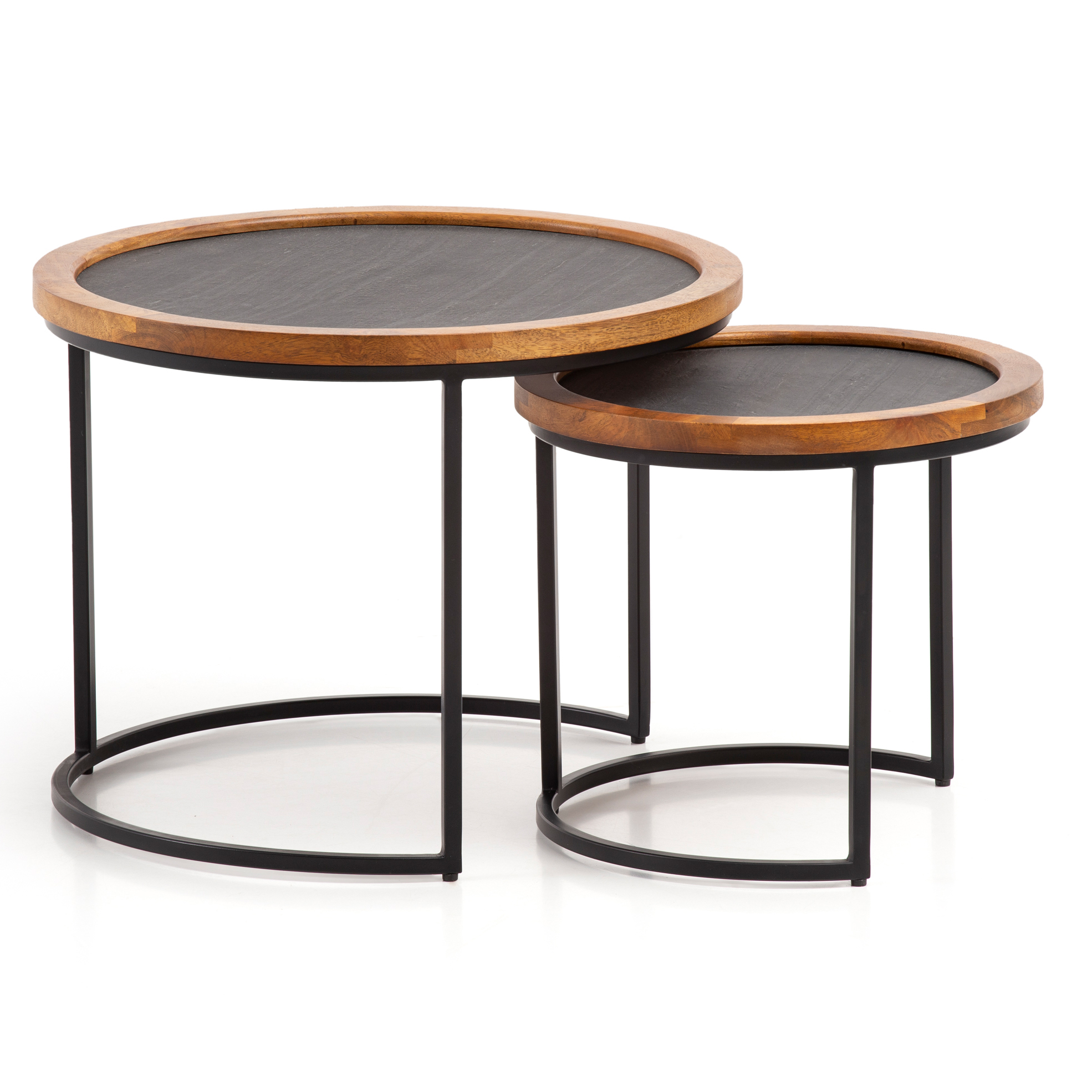 FineBuy Couchtisch 2er Set Mango Massivholz / Steinoptik Wohnzimmertisch Rund, Satztisch mit Metallgestell, Kaffeetisch Modern, Sofatisch Verschachtelungstisch 2-teilig Braun / Anthrazit | Farbe: Anthrazit