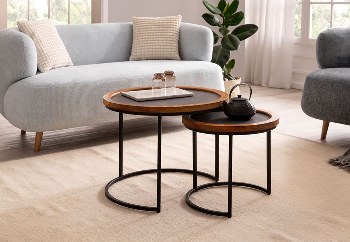 FineBuy Couchtisch 2er Set Mango Massivholz / Steinoptik Wohnzimmertisch Rund, Satztisch mit Metallgestell, Kaffeetisch Modern, Sofatisch Verschachtelungstisch 2-teilig Braun / Anthrazit 4251757718076