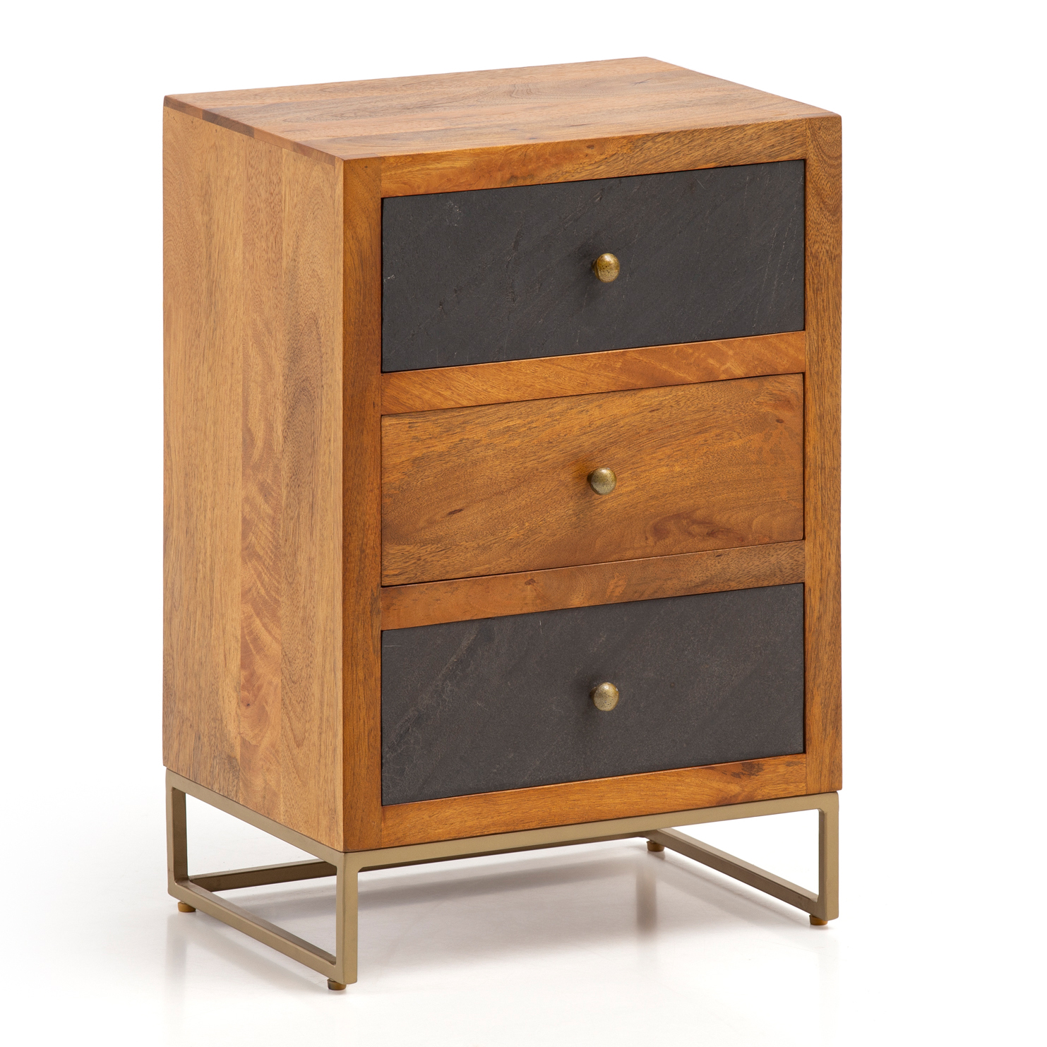 FineBuy Nachttisch aus Mango Massivholz mit Fronten in Steinoptik und 3 Schubladen – Design Nachtkonsole, Nachtschrank für Boxspringbett - Nachtkästchen 40x60x30 cm | Farbe: Schwarz