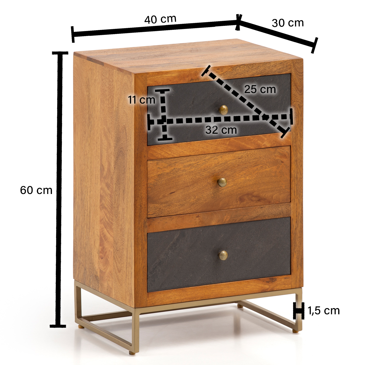 FineBuy Nachttisch aus Mango Massivholz mit Fronten in Steinoptik und 3 Schubladen – Design Nachtkonsole, Nachtschrank für Boxspringbett - Nachtkästchen 40x60x30 cm | Farbe: Schwarz