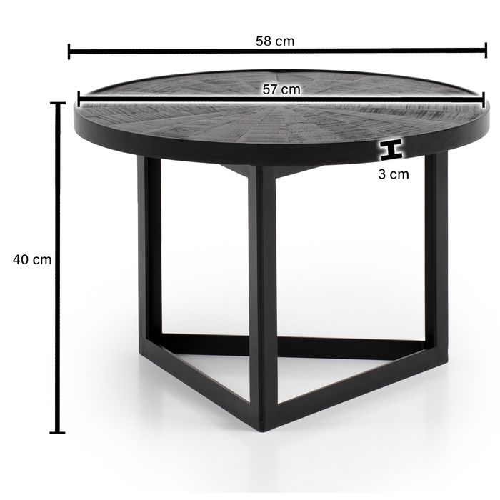 Couchtisch FineBuy Sofatisch 58x58x40 cm Massivholz Schwarz Wohnzimmertisch Rund – Maßzeichnung