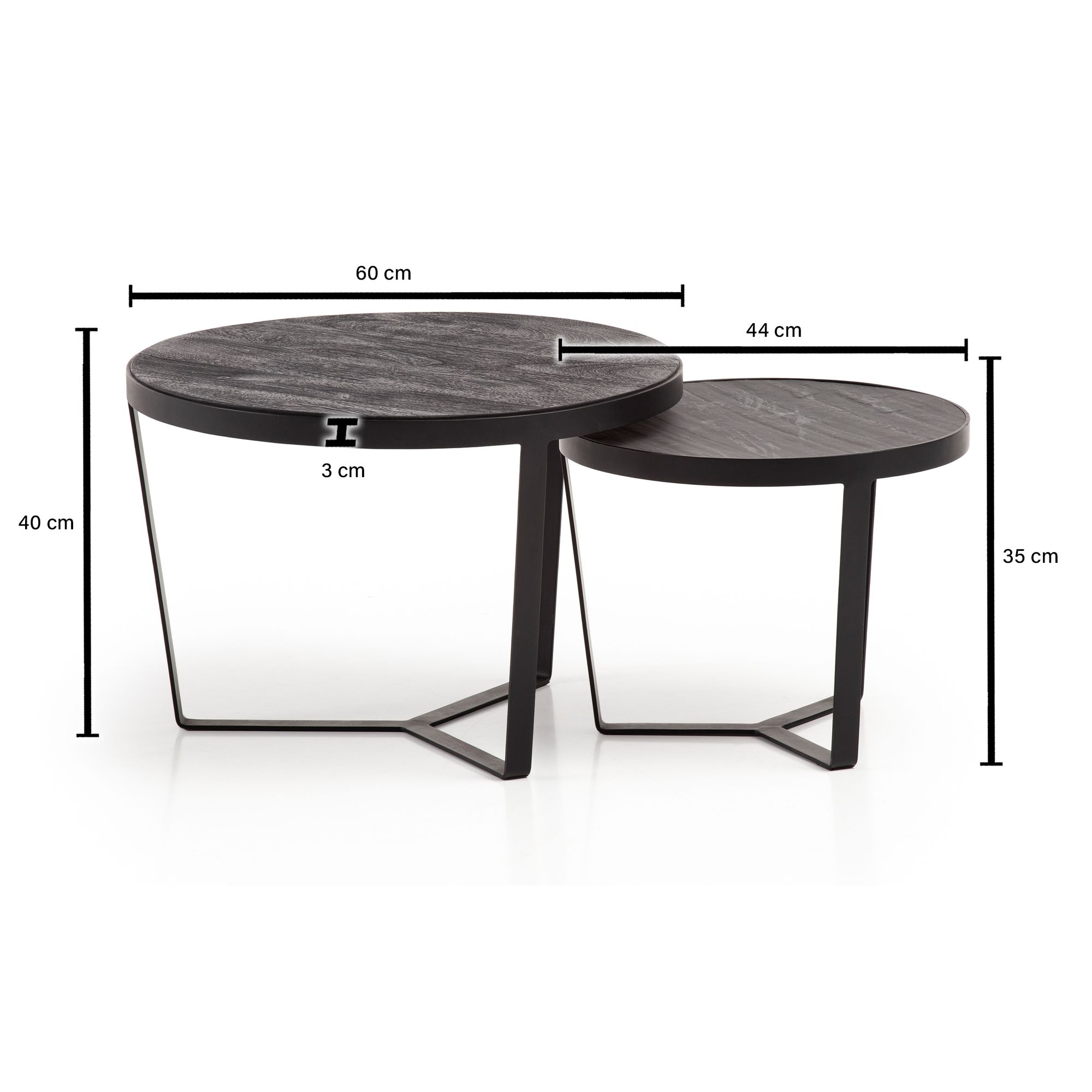FineBuy Couchtisch 2er Set Akazie Massivholz / Steinoptik Wohnzimmertisch Rund, Satztisch mit Metallgestell, Kaffeetisch Modern, Sofatisch Verschachtelungstisch 2-teilig | Farbe: Schwarz