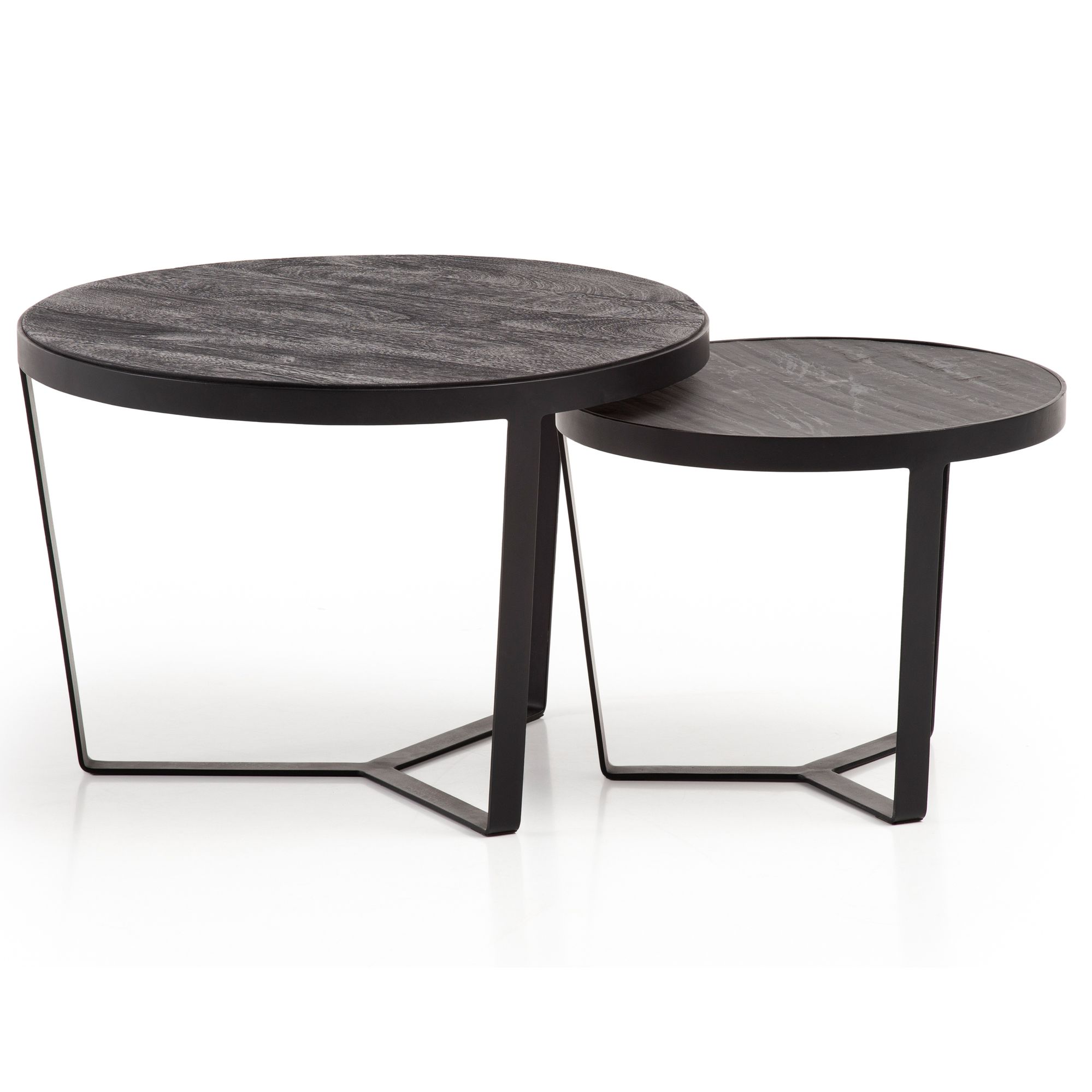 FineBuy Couchtisch 2er Set Akazie Massivholz / Steinoptik Wohnzimmertisch Rund, Satztisch mit Metallgestell, Kaffeetisch Modern, Sofatisch Verschachtelungstisch 2-teilig | Farbe: Schwarz