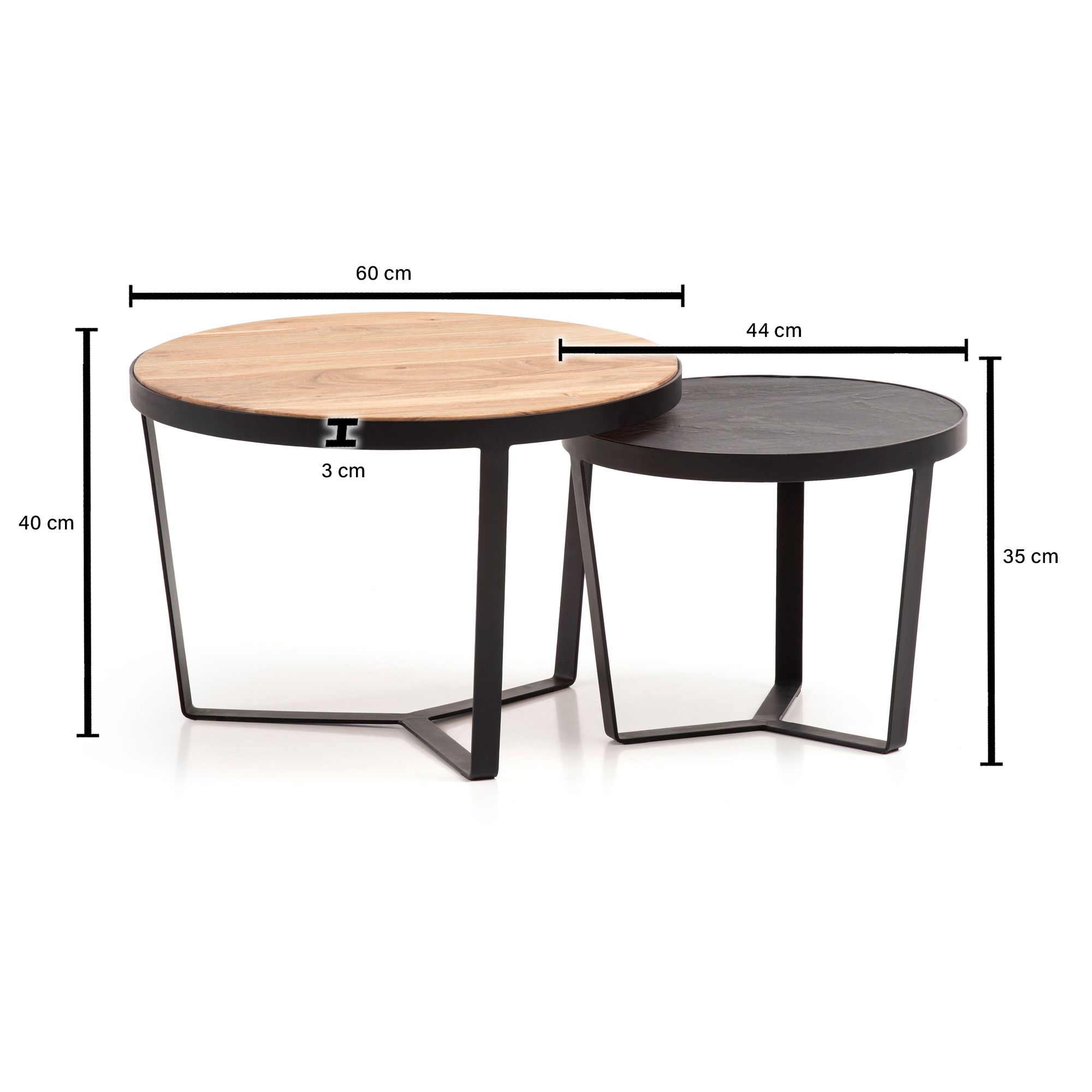 FineBuy Couchtisch 2er Set Akazie Massivholz / Steinoptik Wohnzimmertisch Rund, Satztisch mit Metallgestell, Kaffeetisch Modern, Sofatisch Verschachtelungstisch 2-teilig | Farbe: Schwarz