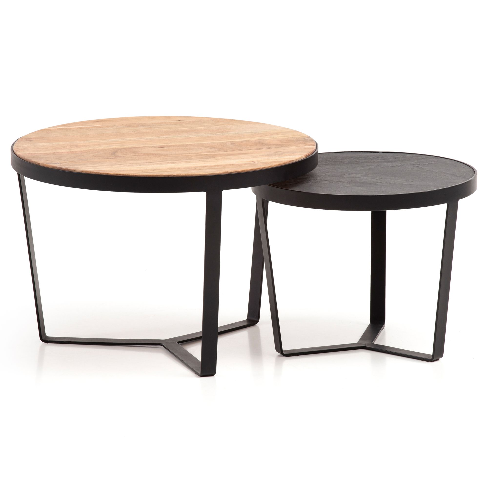 FineBuy Couchtisch 2er Set Akazie Massivholz / Steinoptik Wohnzimmertisch Rund, Satztisch mit Metallgestell, Kaffeetisch Modern, Sofatisch Verschachtelungstisch 2-teilig | Farbe: Schwarz