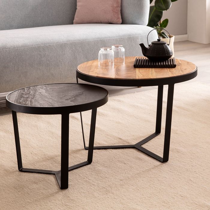 Couchtisch FineBuy Wohnzimmertisch 2er Set Rund Holz / Steinoptik Satztisch