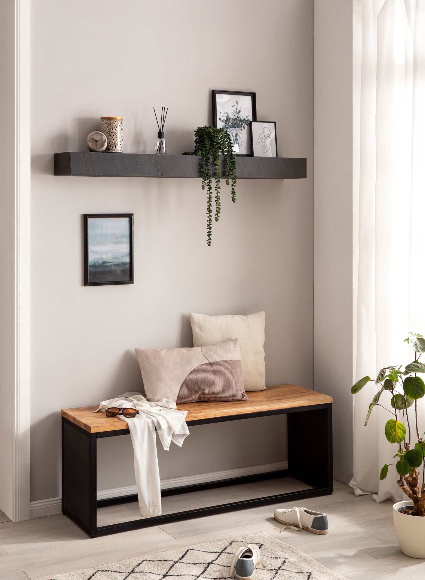 FineBuy Wandregal Mango Massivholz / Steinoptik Hängeregal Modern, Design Schweberegal Rechteckig, Regal Hängend Wohnzimmer Anthrazit | Farbe: Anthrazit