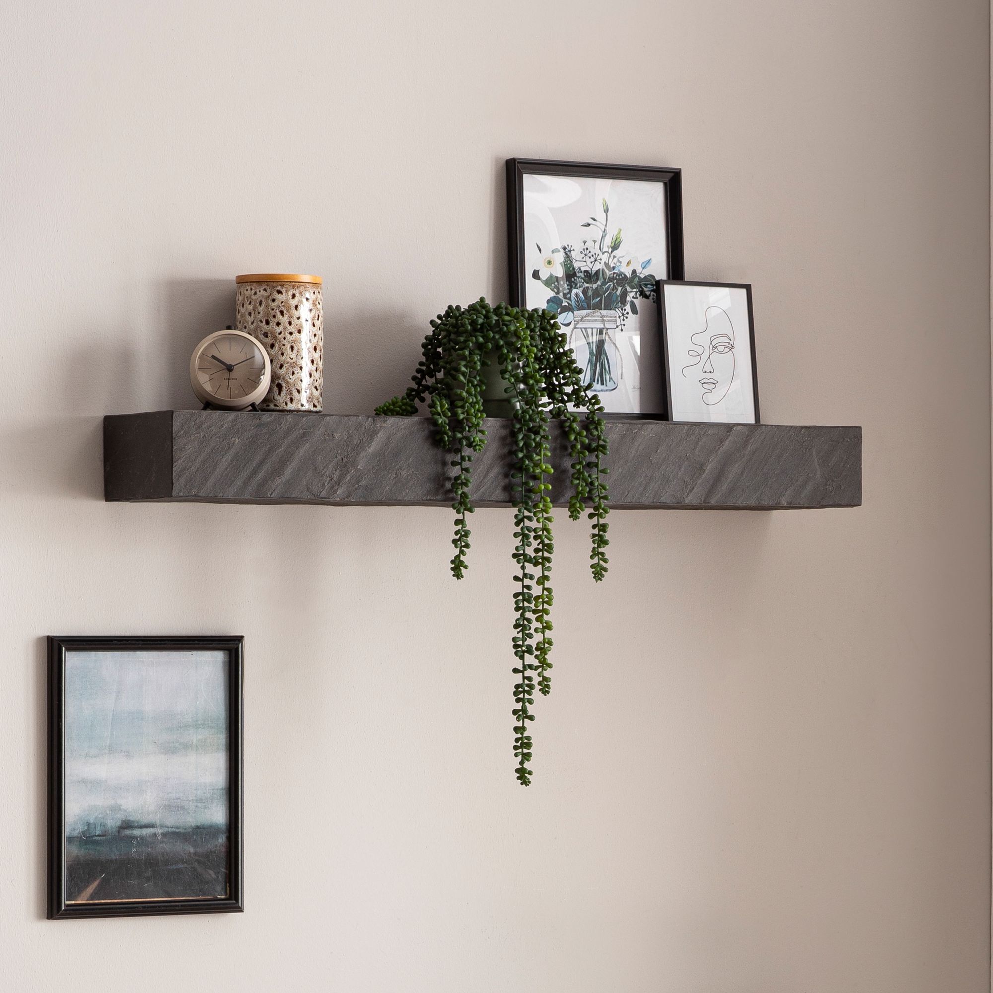 FineBuy Wandregal Mango Massivholz / Steinoptik Hängeregal Modern, Design Schweberegal Rechteckig, Regal Hängend Wohnzimmer Anthrazit | Farbe: Anthrazit