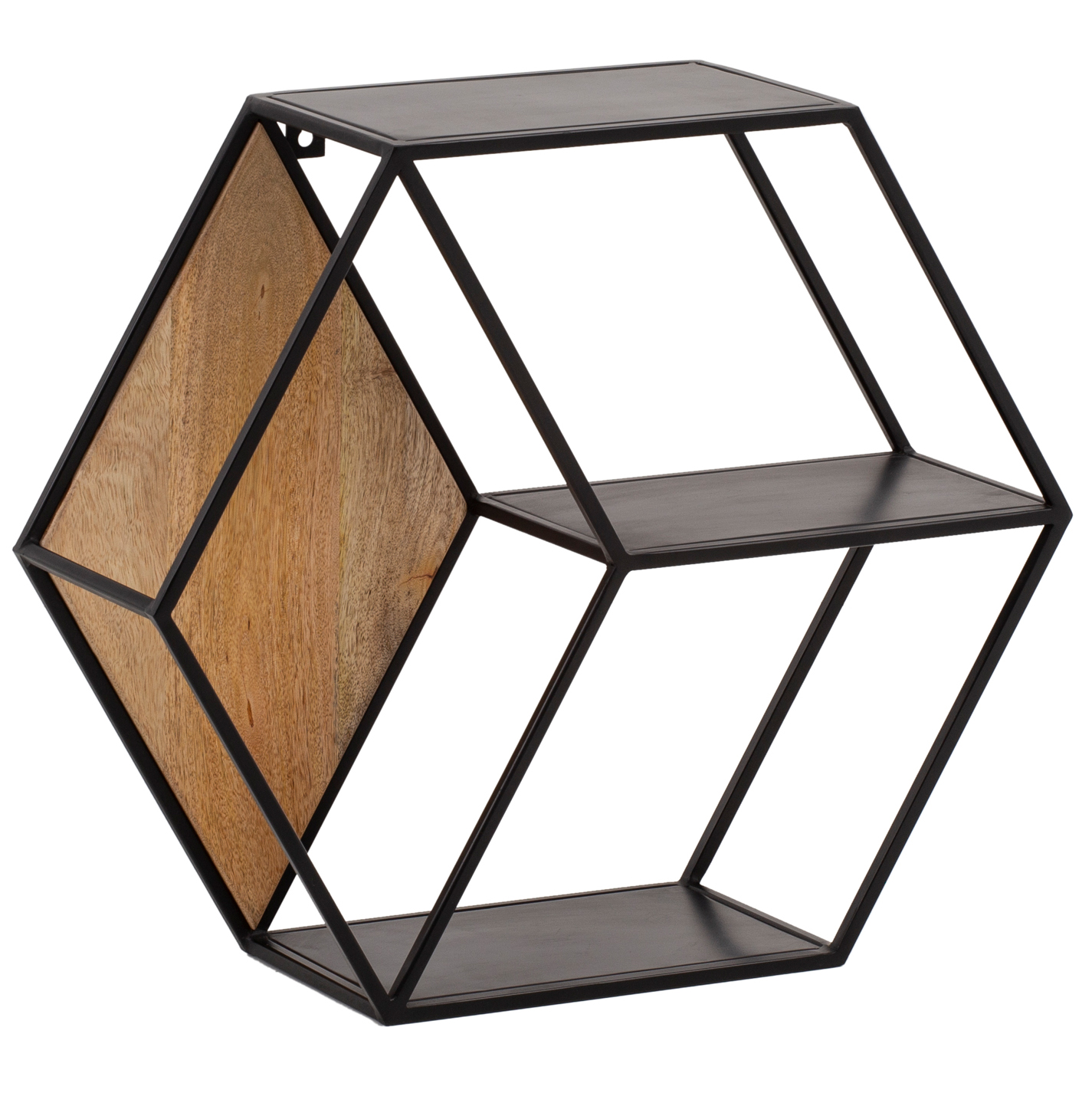 FineBuy Wandregal 60x52x20 cm Mango Massivholz / Metall Hängeregal Industrial, Design Schweberegal Sechseckig, Dekoregal Hängend Wabenform, Regal Wand mit 3 Ablagen | Farbe: Schwarz