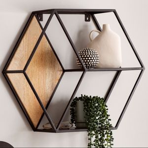 FB95844 FineBuy Wandregal 60x52x20 cm Mango Massivholz / Metall Hängeregal Industrial, Design Schweberegal Sechseckig, Dekoregal Hängend Wabenform, Regal Wand mit 3 Ablagen 4251757718229