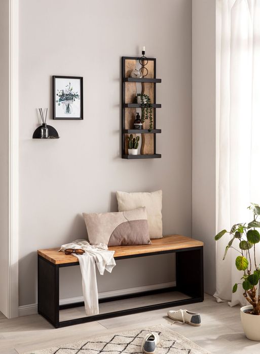 FineBuy Wandregal 30x80x10 cm Mango Massivholz / Metall Hängeregal Industrial, Design Schweberegal Rechteckig, Regal Hängend Wohnzimmer, Holzregal Wand mit 4 Ablagen & Wellenmuster 4251757718274