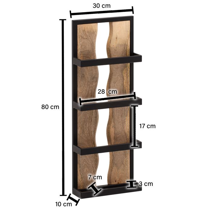 Wandregal FineBuy Hängeregal 30x80x10 cm Massivholz Metall Regal Industrial – Maßzeichnung