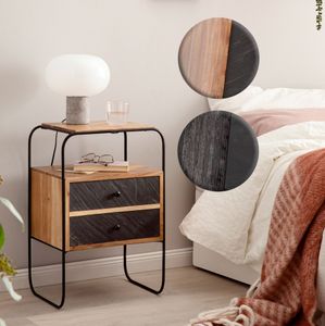 FineBuy Nachttisch Massivholz / Steinoptik 40x60x30 cm Nachtschrank Boxspringbett, Industrial Nachtkonsole mit 2 Schubladen & Ablagefläche, Nachtkommode Stauraum & Metallgestell