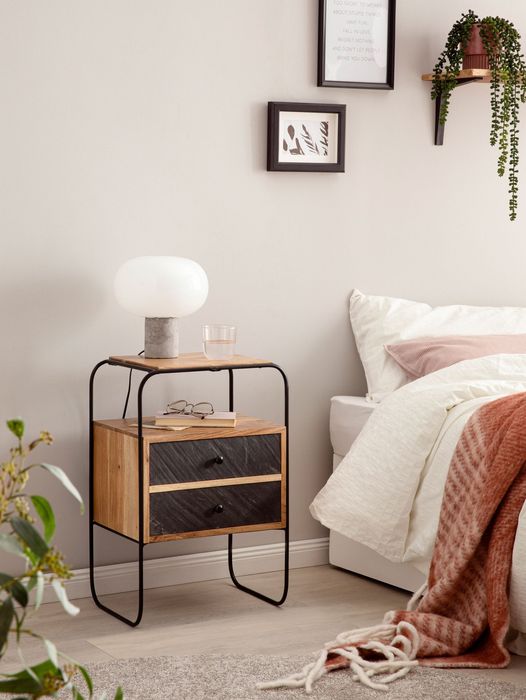 FineBuy Nachttisch Massivholz / Steinoptik 40x60x30 cm Nachtschrank Boxspringbett, Industrial Nachtkonsole mit 2 Schubladen & Ablagefläche, Nachtkommode Stauraum & Metallgestell