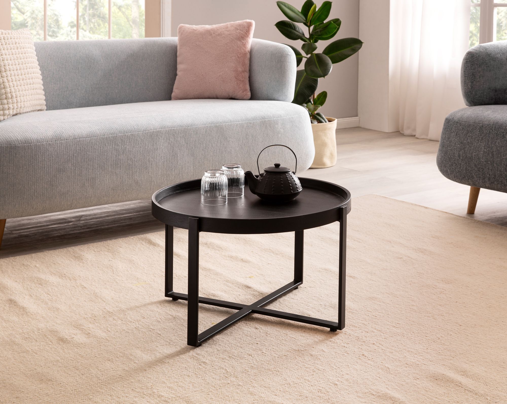 FineBuy Couchtisch Mango Massivholz rund Ø 60 cm Schwarz · Wohnzimmertisch mit Metallgestell · Handgefertigter Sofatisch im Industrial Japandi Design | Farbe: Schwarz