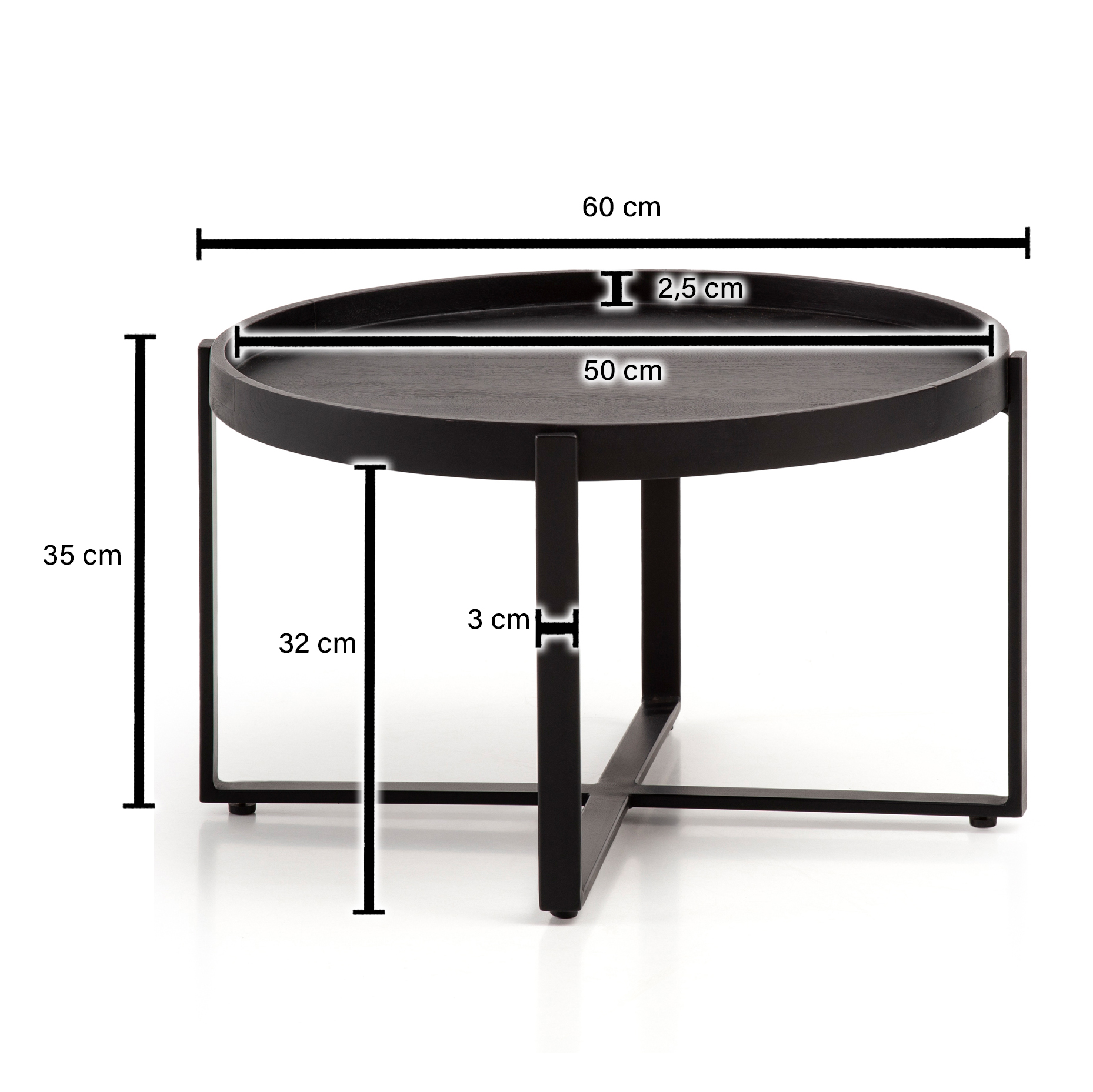 FineBuy Couchtisch Mango Massivholz rund Ø 60 cm Schwarz · Wohnzimmertisch mit Metallgestell · Handgefertigter Sofatisch im Industrial Japandi Design | Farbe: Schwarz