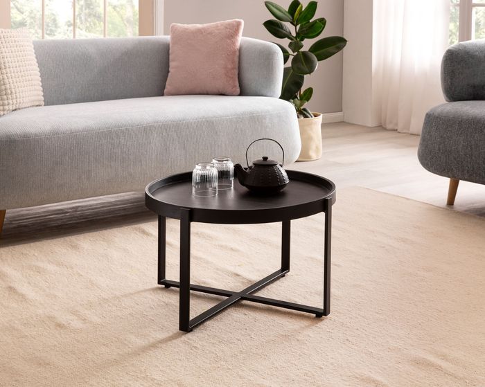 FineBuy Couchtisch 60x60x35 cm Mango Massivholz / Metall Schwarz Sofatisch Rund, Design Wohnzimmertisch mit erhöhtem Rand, Industrial Kaffeetisch Wohnzimmer Modern 4251757718304