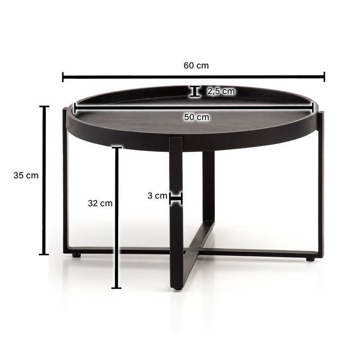 Couchtisch FineBuy Sofatisch Massivholz Schwarz 60x60x35 cm Wohnzimmertisch Rund – Maßzeichnung
