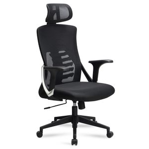 FineBuy Bürostuhl Schwarz Mesh-Bezug Schreibtischstuhl bis 120 kg mit Kopfstütze, Drehstuhl höhenverstellbar mit Lendenwirbelstütze, Stoff-Schreibtischsessel ergonomisch mit Wippfunktion 4251757718403