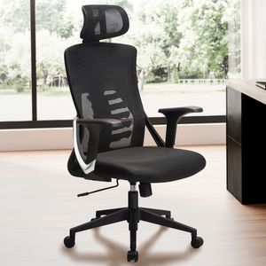 FineBuy Bürostuhl Schwarz Mesh-Bezug Schreibtischstuhl bis 120 kg mit Kopfstütze, Drehstuhl höhenverstellbar mit Lendenwirbelstütze, Stoff-Schreibtischsessel ergonomisch mit Wippfunktion 4251757718403