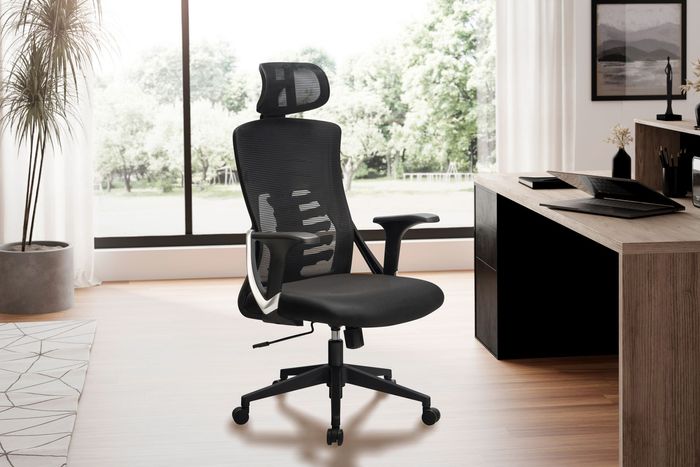 FineBuy Bürostuhl Schwarz Mesh-Bezug Schreibtischstuhl bis 120 kg mit Kopfstütze, Drehstuhl höhenverstellbar mit Lendenwirbelstütze, Stoff-Schreibtischsessel ergonomisch mit Wippfunktion 4251757718403