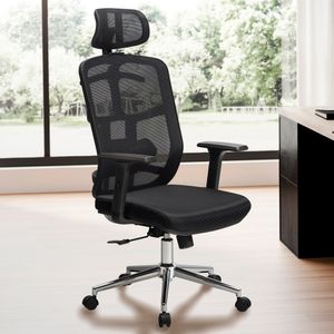 FineBuy Bürostuhl Schwarz Mesh-Bezug Schreibtischstuhl bis 120 kg mit Kopfstütze, Drehstuhl höhenverstellbar mit Lendenwirbelstütze, Stoff-Schreibtischsessel ergonomisch mit Wippfunktion 4251757718410