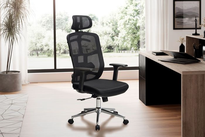 FineBuy Bürostuhl Schwarz Mesh-Bezug Schreibtischstuhl bis 120 kg mit Kopfstütze, Drehstuhl höhenverstellbar mit Lendenwirbelstütze, Stoff-Schreibtischsessel ergonomisch mit Wippfunktion 4251757718410