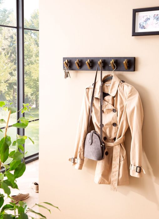 FineBuy Wandgarderobe Mango Massivholz / Metall 60 x 10 x 8 cm Schwarz Gold, Hakenleiste für Jacken, Schals und Mützen, Flurgarderobe Wand, Garderobe Holz