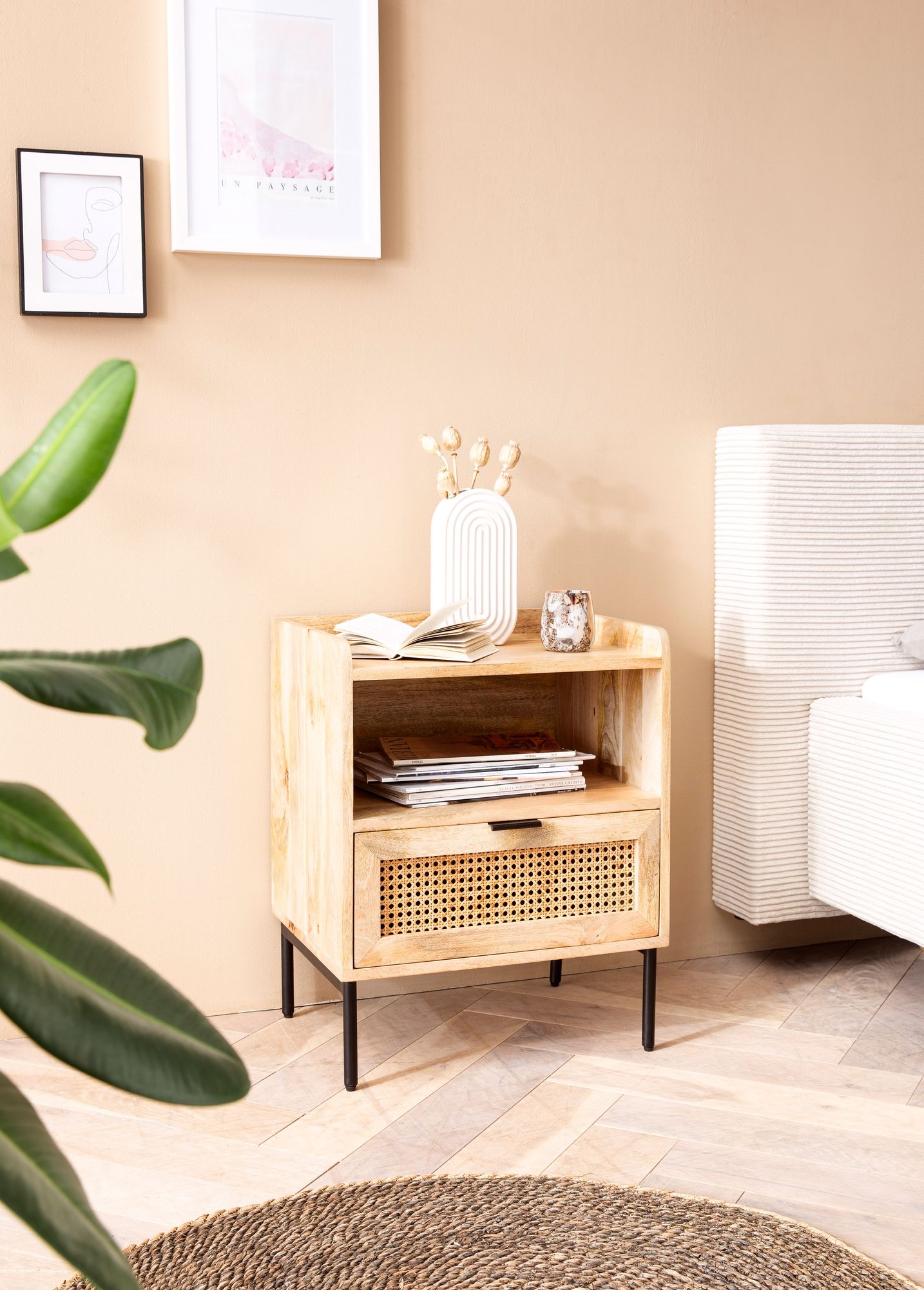 FineBuy Nachtkonsole Mango Massivholz Rattan – Nachttisch im Boho Natur Design mit Schublade & offener Ablage, Nachtkästchen ideal für Boxspringbetten – Wiener Geflecht 50x60x40 cm | Farbe: Braun FineBuy Nachtkonsole Mango Massivholz Rattan – Nachttisch im Boho Natur Design mit Schublade & offener Ablage, Nachtkästchen ideal für Boxspringbetten – Wiener Geflecht 50x60x40 cm | Farbe: Braun