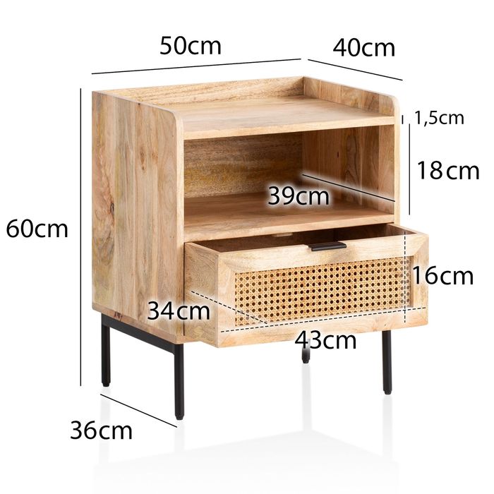 Nachtkonsole Massivholz Rattan Nachttisch Schublade Ablage Nachtkästchen BOHO – Maßzeichnung